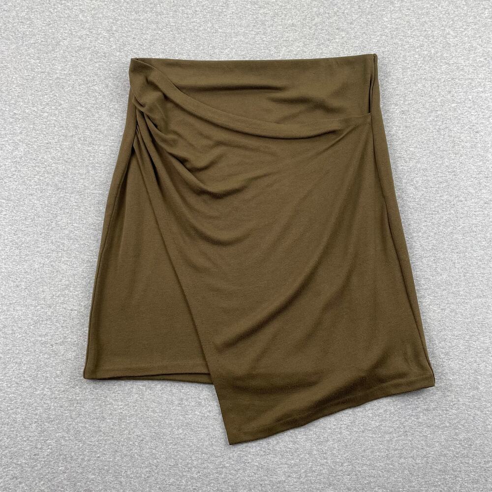 VINCE Gathered Knit Skirt Size S Vine Olive Green Draped Faux Wrap Pull-On Soft